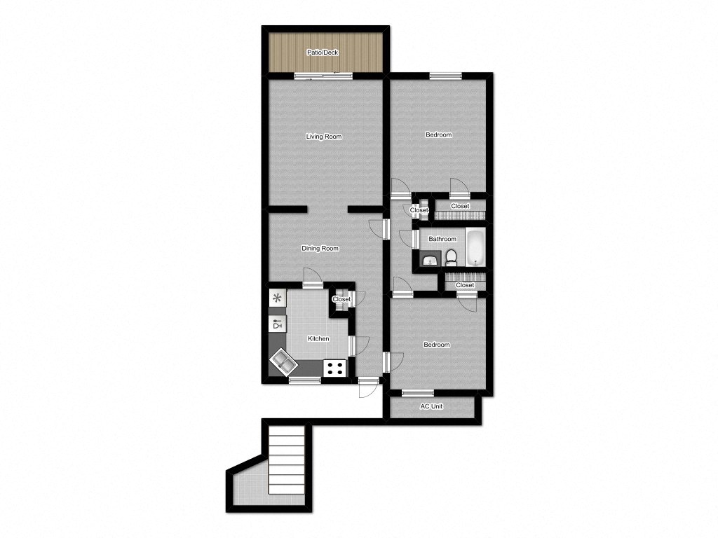 Floor plan for 2 beds, 1 bath, 900 sqft